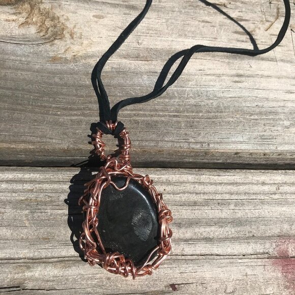 Black Obsidian Solid Copper Pendant Leather Necklace Handmade Artisan Wire Wrap - Picture 2 of 11